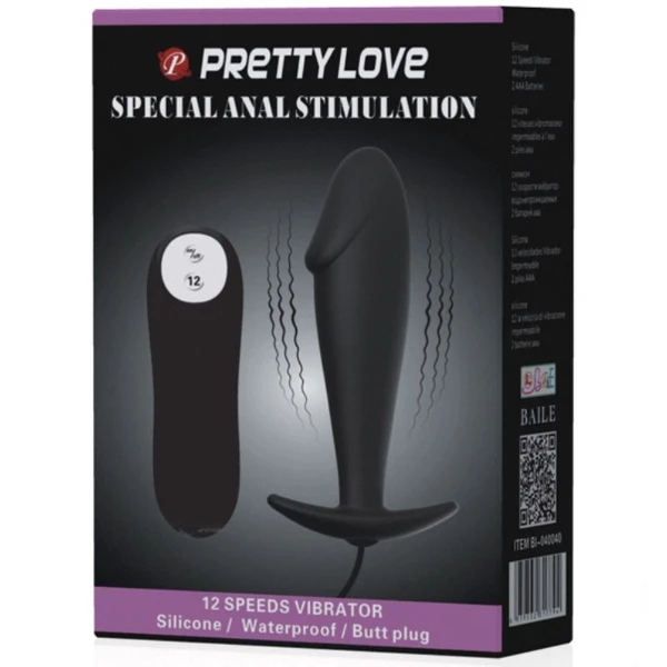 PRETTY LOVE - PLUG ANAL SILICONA FORMA PENE Y 12 MODOS VIBRACIÓN NEGRO