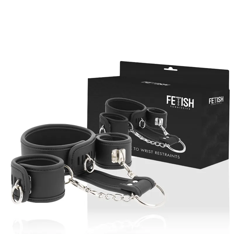 FETISH SUBMISSIVE - COLLAR Y ESPOSAS CUERO VEGANO CON FORRO DE NEOPRENO
