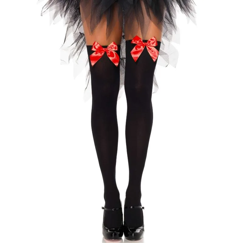 LEG AVENUE - MEDIAS ALTAS NEGRAS CON LACITO ROJO TALLA ÚNICA