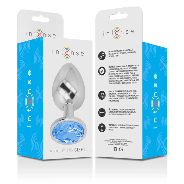 INTENSE - PLUG ANALE IN METALLO ALLUMINIO CON CRISTALLO BLU TAGLIA L