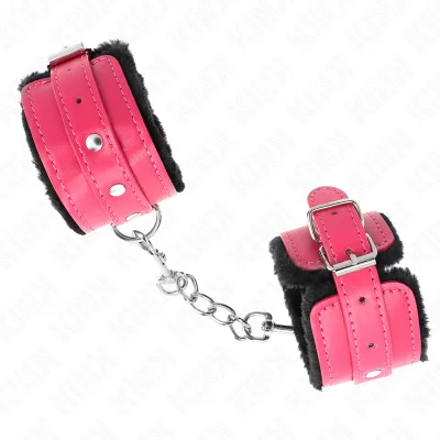 KINK - MUÑEQUERAS FORRADAS PREMIUM NEGRO CON CORREA FUCSIA AJUSTABLE 17-29 CM X 6 CM