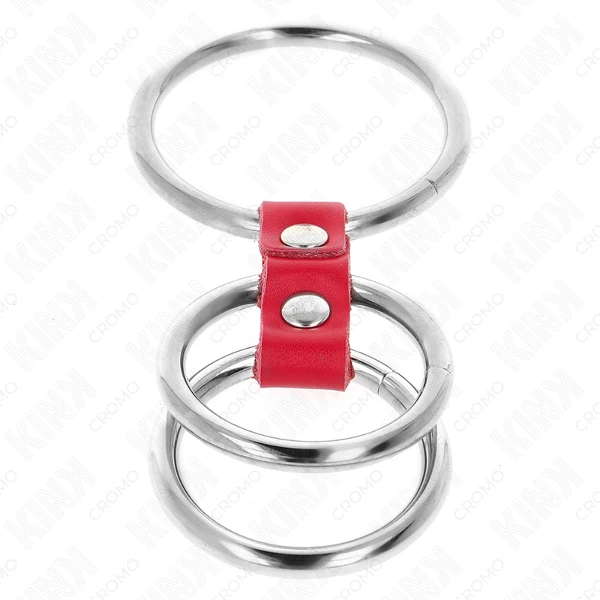 KINK - ANELLO PER PENE IN TRIPLO METALLO DA 3,7 CM A 5 CM COLLEGATO CON PELLE ROSSA