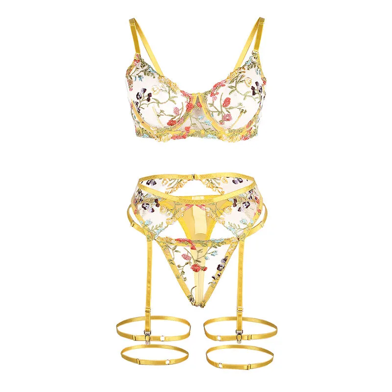 SUBBLIME - 954352 REGGISENO + PERIZOMA + CINTURA CON FIORI GIALLO L/XL