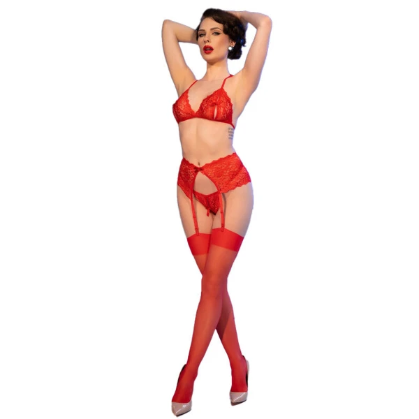CHILIROSE - CR 4848 SET REGGISENO + PERIZOMA + CALZE IN PIZZO ROSSO XL