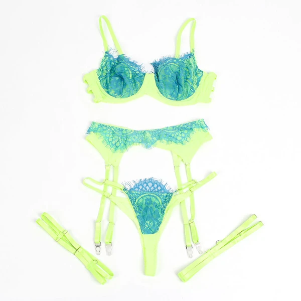 SUBBLIME - 955328 COMPLETO REGGISENO CON PIZZO E LINEE GIARRETRICI VERDE E BLU L/XL