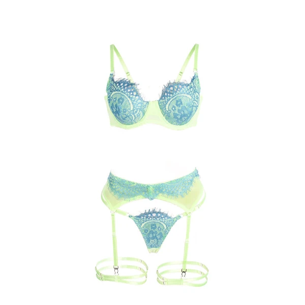 SUBBLIME - 955328 COMPLETO REGGISENO CON PIZZO E LINEE GIARRETRICI VERDE E BLU L/XL