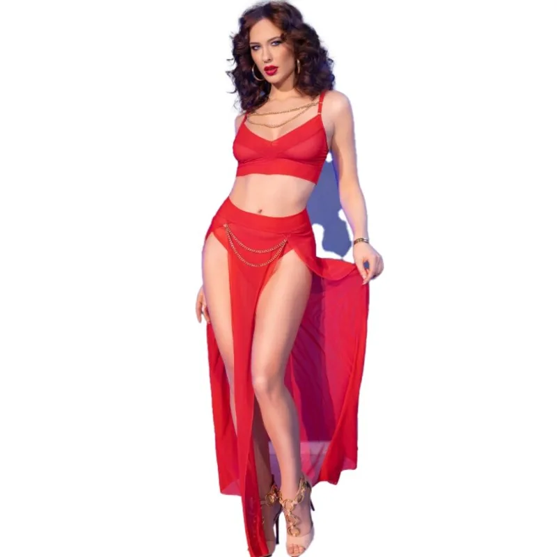 CHILIROSE - CR 4850 SET TOP ROJO Y LEGGINS CON COMPLEMENTOS DORADOS S 