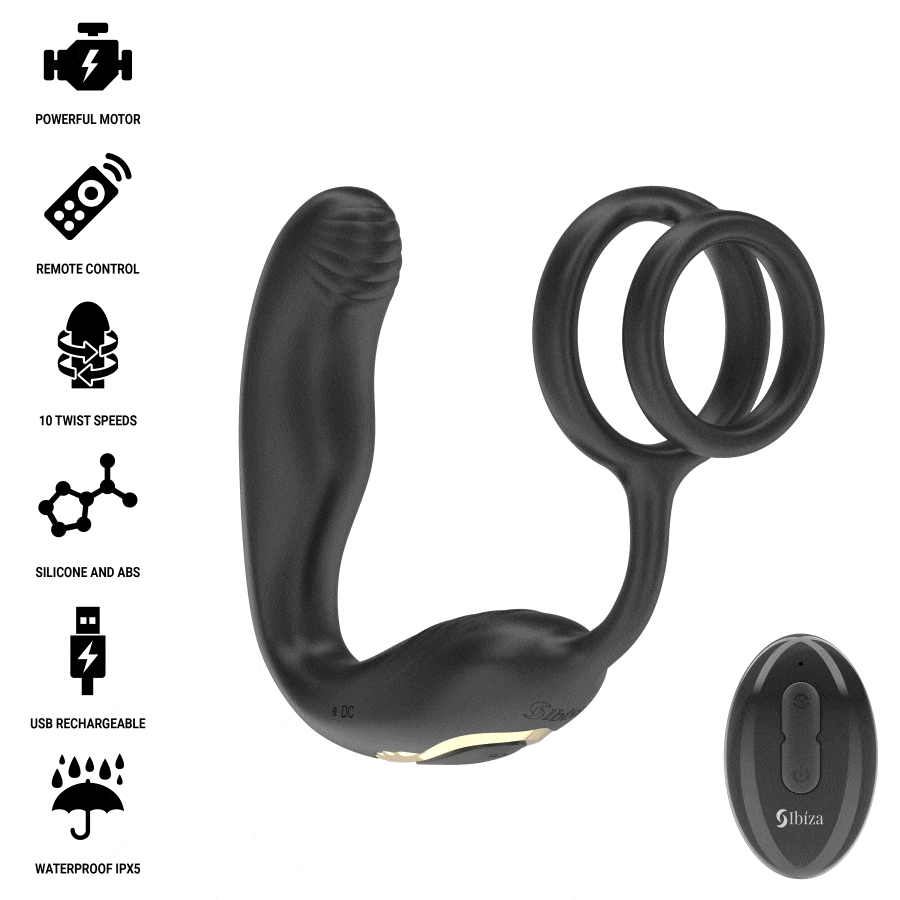 IBIZA - WIGGLE PLUG ANALE ROTANTE TELECOMANDATO CON VIBRAZIONE PERINEALE E ANELLI PER L'ESTENSIONE DEL PENE
