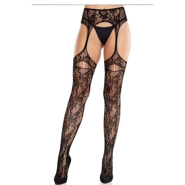 LEG AVENUE - MEDIAS DE ENCAJE CON LIGAS NEGRO