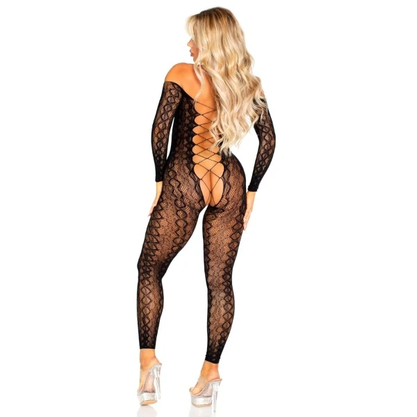 LEG AVENUE - BODYSTOCKING SENZA CAVALLO IN PIZZO SERPENTE ESOTICO NERO