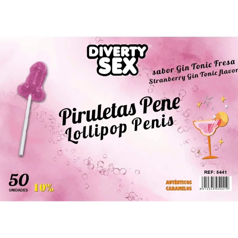 DIABLO GOLOSO - 50 LECCA-LECCA A FORMA DI PENE GIN TONIC GUSTO FRAGOLA 10% ALCOOL
