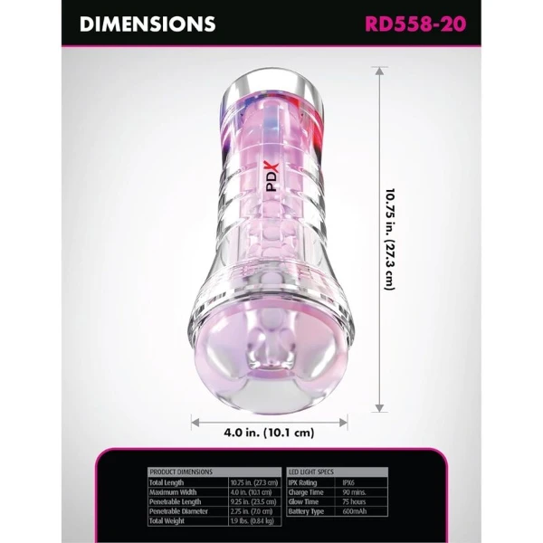 PDX ELITE - MASTURBADOR TRANSPARENTE VIEWTUBE XXL LED STROKER 27.3 CM