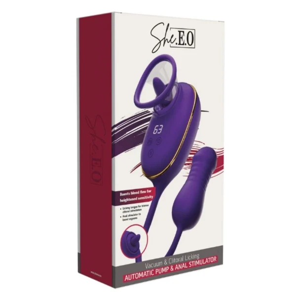 SHE.E.O - STRUMENTO DI ASPIRAZIONE CLITORIDEA CON EFFETTO LECCHIO E STIMOLATORE ANALE VIOLA