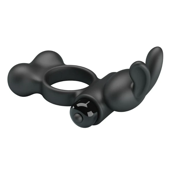 PRETTY LOVE - ANELLO PER PENE VIBRANTE CON STIMOLATORE A FORMA DI CONIGLIETTO, 10 FUNZIONI, NERO