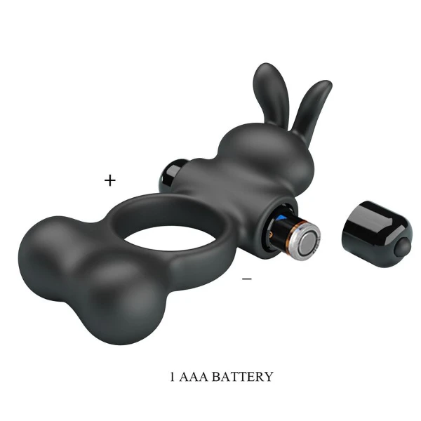 PRETTY LOVE - ANELLO PER PENE VIBRANTE CON STIMOLATORE A FORMA DI CONIGLIETTO, 10 FUNZIONI, NERO