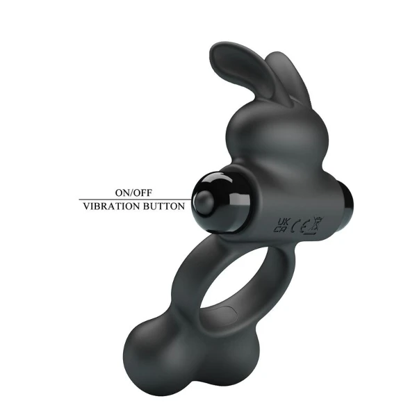 PRETTY LOVE - ANELLO PER PENE VIBRANTE CON STIMOLATORE A FORMA DI CONIGLIETTO, 10 FUNZIONI, NERO