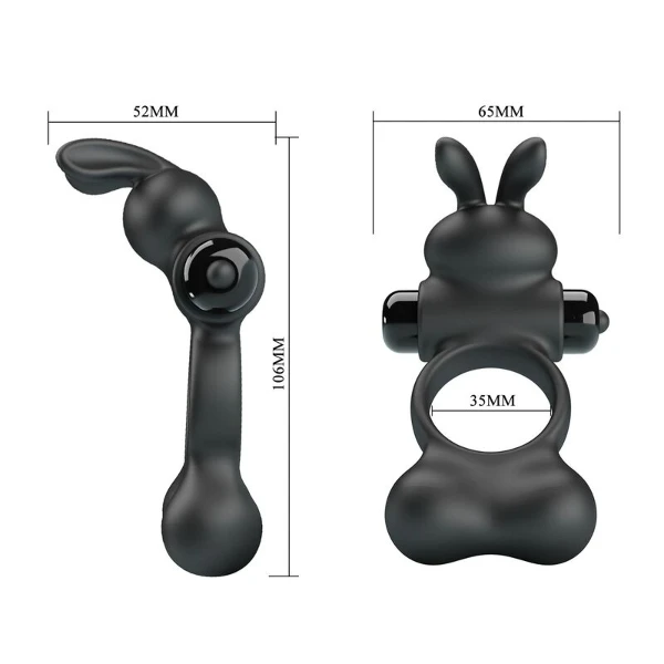 PRETTY LOVE - ANELLO PER PENE VIBRANTE CON STIMOLATORE A FORMA DI CONIGLIETTO, 10 FUNZIONI, NERO